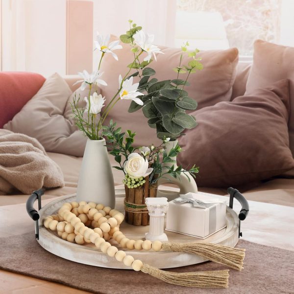 wholesale direct round wood tray/w wood bead garland - 13" decorative trays for home decor - round wooden tray with handles - wooden round tray for kitchen counter. bulk purchase at factory prices