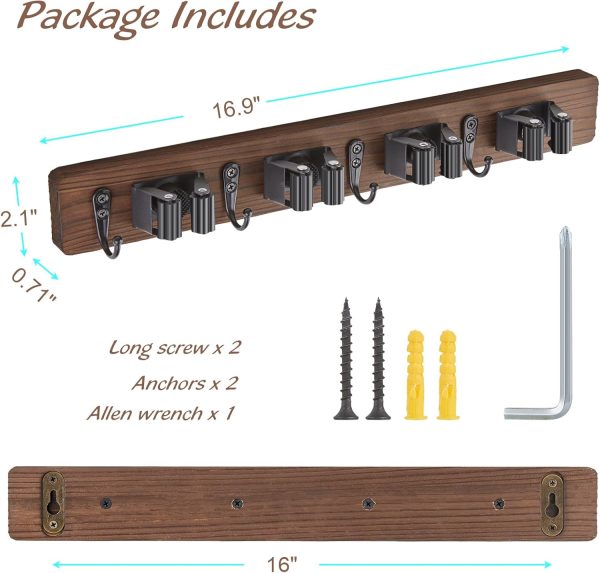 bulk purchase mop and broom holder wall mount - rustic wood broom mop hanger - wall mounted garden tool rack organizer for closet garage laundry room kitchen decor with 4 slots & 4 hooks trade price