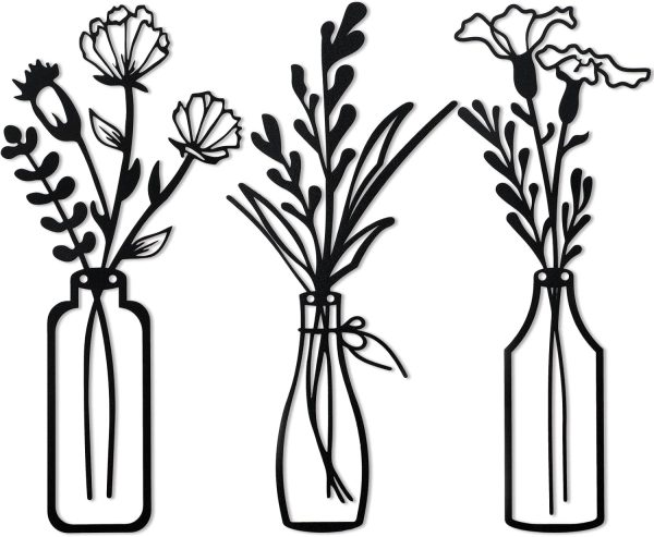 factory direct hotop 3 pieces metal flower wall decor metal vase wall art metal wall sculptures hanging flower in vase hanging iron wall decor for living room kitchen(black) volume discount