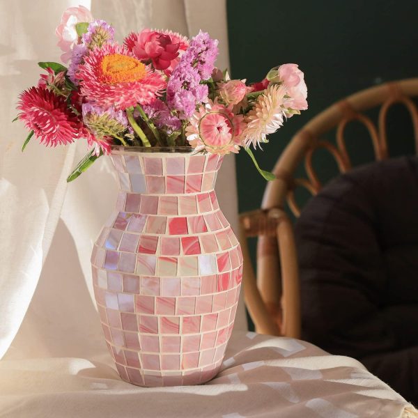 oem/odm services pink flower vase for decor - pink mosaic glass vase handmade modern decorative flower vases for home décor,table,shelf bookshelf, wedding banquet and centerpieces affordable bulk deals