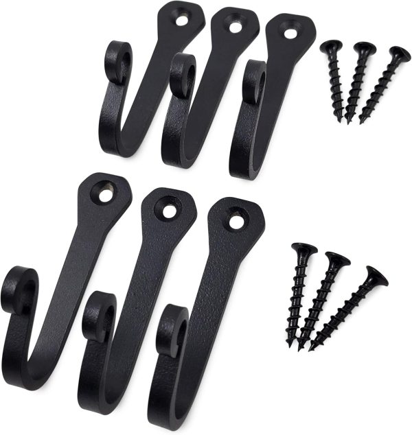 competitive pricing decorative wall hooks (6 pack) - black - cast iron - multi-purpose rustic décor - hanging metal hook set - home & office - for towels, coats, plants, pots & pans, mugs, hats, & more - claimed corner one-stop wholesale