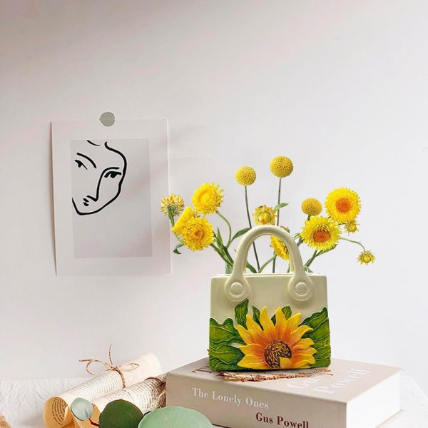 oem/odm services small purse vase for flowers - sunflower cute mini handbag flower vase for organic modern table centerpiece decor, unique beige resin white vase for party/kitchen/neutral/bedroom affordable bulk deals