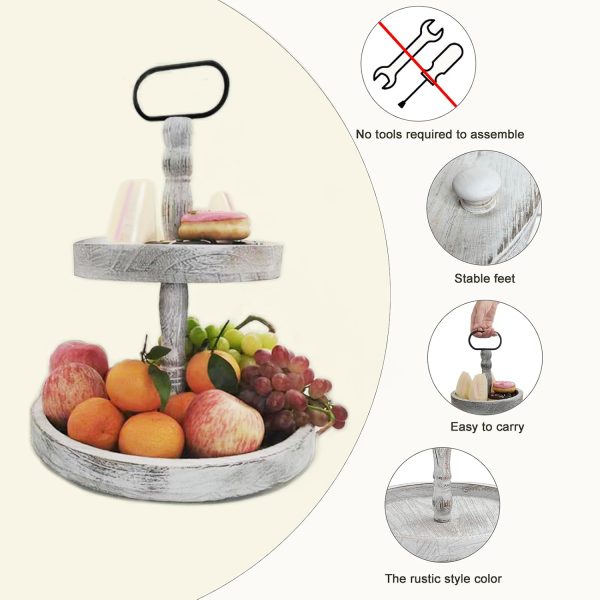 wholesale direct farmhouse 2 tiered tray stand for home decor, wooden serving tiered tray for coffee bar table centerpiece, decorative trays kit for countryside, round rustic stand for cake cupcake(white) bulk purchase at factory prices