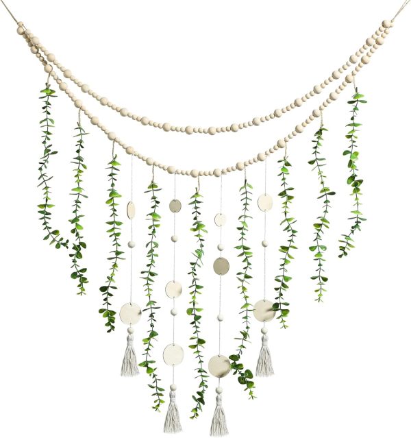 bulk purchase jetec hanging eucalyptus boho wall decor large boho bedroom wall hanging wooden bead garland artificial eucalyptus natural greenery decoration, 36 x 36 inch (simple color, wood chip style) trade price
