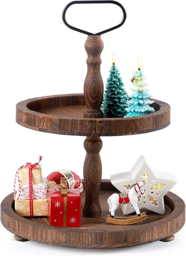 wholesale direct 2 tiered tray, rustic round farmhouse style decorative tray, dessert stand kitchen island decor, wooden serving tray for coffee food fruits cupcakes, home decor holiday display, dark wood bulk purchase at factory prices