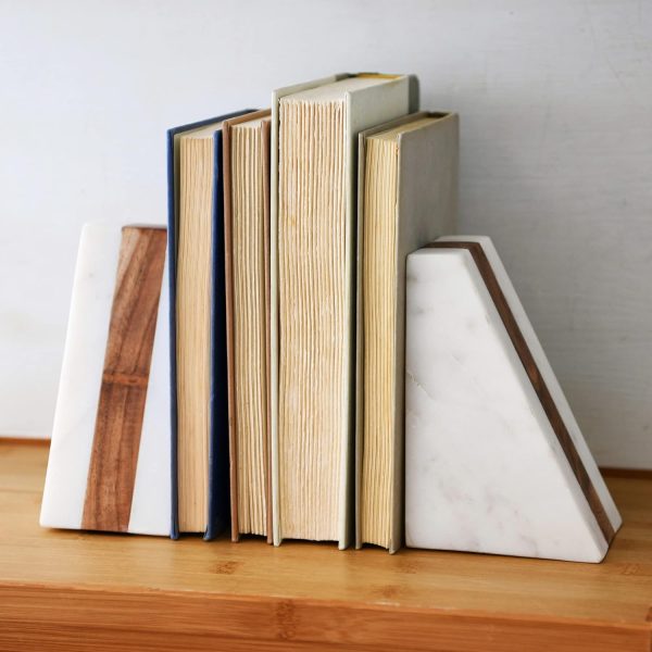 supplier direct main + mesa marble geometric bookends with wood inlay, white wholesale prices