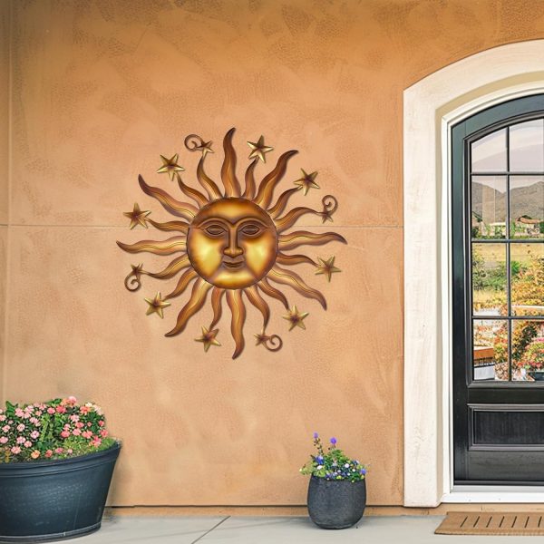 factory direct liffy 24" sun metal wall art outdoor decor - 3d sun face metal wall sculpture - hanging decoration gift ideal for home accent, bedroom, garden, patio, farmhouse - lively and vibrant volume discount