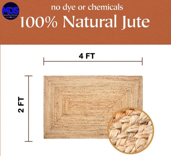 manufacturer direct mds hand woven jute area rug 2x4 feet - natural burlap braided reversible rectangular rugs for thanksgiving halloween christmas living room home entryway decor rustic farmhouse (2'x4') trade price