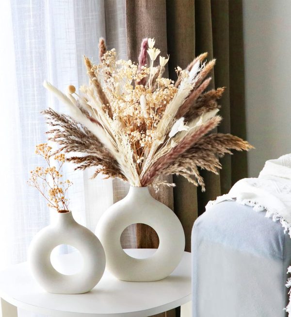 oem/odm services white ceramic vase, modern vase for minimalist decor, hollow round matte pampas flower vases for boho home wedding party room dinner table shelf decor (2pcs) affordable bulk deals