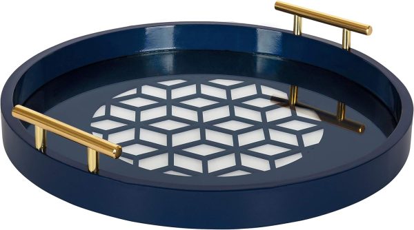 wholesale direct kate and laurel caspen round cut out pattern decorative tray with gold metal handles, 15.5", navy and gold bulk purchase at factory prices