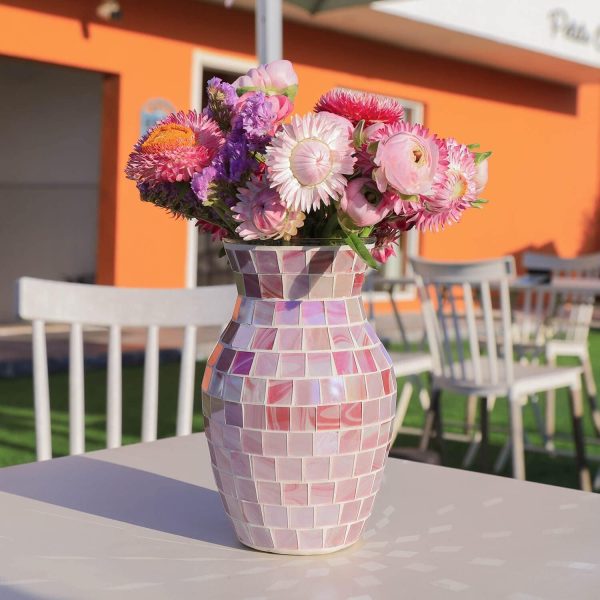 oem/odm services pink flower vase for decor - pink mosaic glass vase handmade modern decorative flower vases for home décor,table,shelf bookshelf, wedding banquet and centerpieces affordable bulk deals