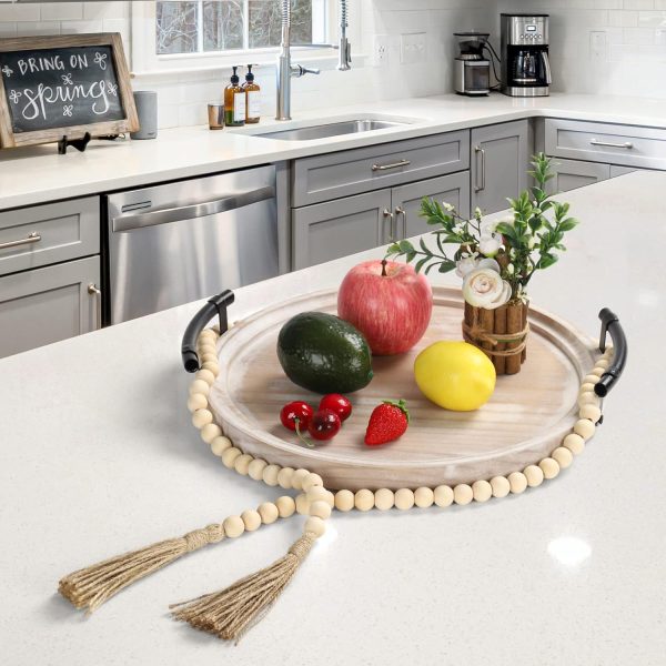 wholesale direct round wood tray/w wood bead garland - 13" decorative trays for home decor - round wooden tray with handles - wooden round tray for kitchen counter. bulk purchase at factory prices
