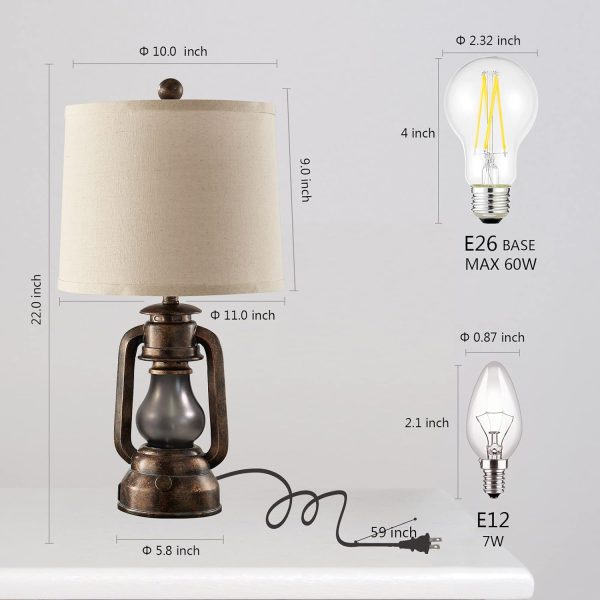 custom wholesale roriano farmhouse lantern table lamps for living room set of 2, vintage bedroom resin lamp with dual usb charging ports, rustic retro bedside nightstand desk lamp, linen fabric shade, 4 bulb included oem/odm services