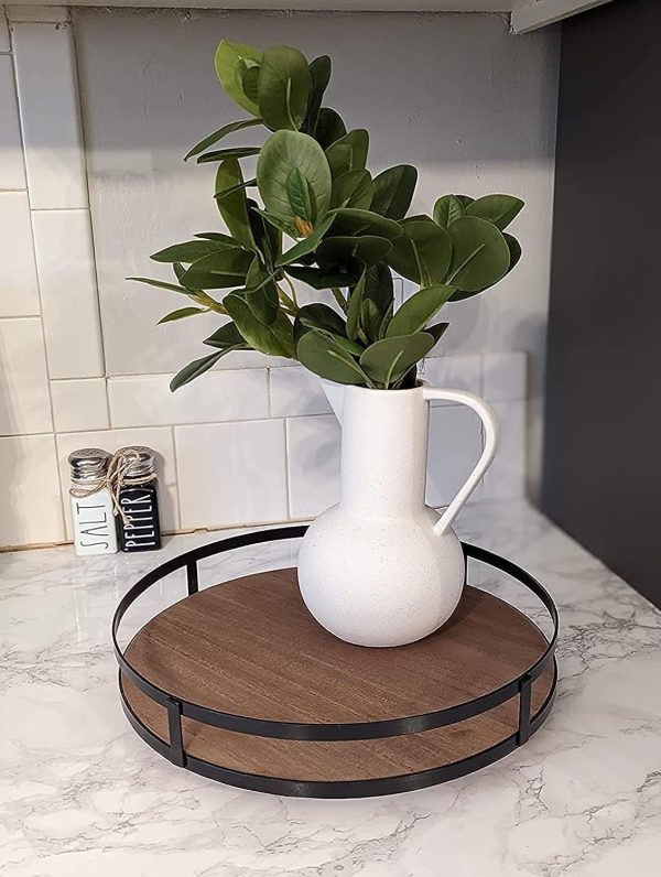 wholesale direct defined deco 12in decorative tray-round serving tray with metal handle-decorative trays for home decor,living room decor,coffee table decor,rustic wooden tray for kitchen table decor,dining table. bulk purchase at factory prices