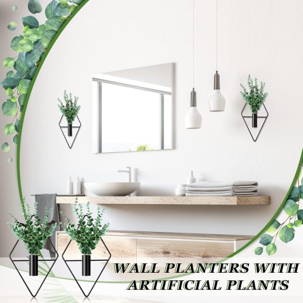 factory direct jexine 2 pcs hanging planters with artificial plants metal hanging vase indoor plants holder modern geometric boho wall decor for living room home office(black, eucalyptus) volume discount