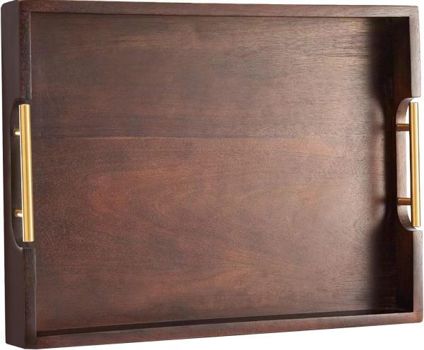 wholesale direct joy&grace acacia wooden serving tray with metal handles 16.8 x 12.8 inch ottoman tray for living room coffee table large wood decorative tray color brown bulk purchase at factory prices