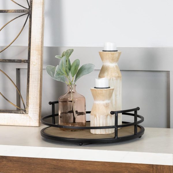 wholesale direct stratton home decor metal and wood round tray | wooden coffee table tray decor for empty table surfaces | decorative round serving tray with handles bulk purchase at factory prices