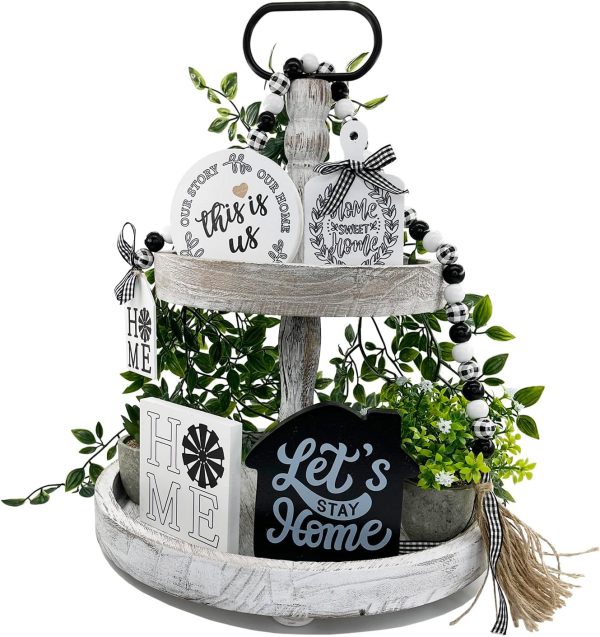 wholesale direct farmhouse 2 tiered tray stand for home decor, wooden serving tiered tray for coffee bar table centerpiece, decorative trays kit for countryside, round rustic stand for cake cupcake(white) bulk purchase at factory prices