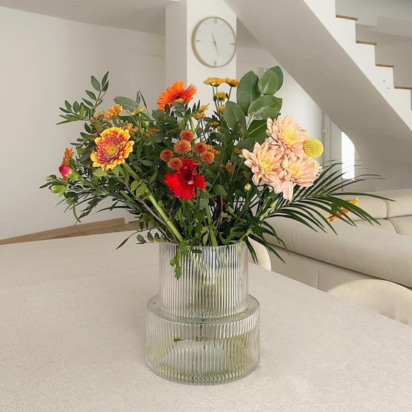 oem/odm services glass vase, ribbed vase, flower vase, fluted glass vase, clear vase, ribbed glass vase for flowers, modern vase for living room, dining table, entryway, shelf, wedding, office, 7.5 inches affordable bulk deals
