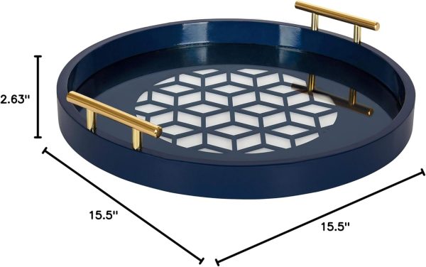 wholesale direct kate and laurel caspen round cut out pattern decorative tray with gold metal handles, 15.5", navy and gold bulk purchase at factory prices