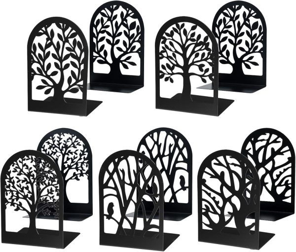 supplier direct eoout bookends for shelves decorative, 5 pairs of tree bookends supports, black metal book stoppers for heavy books, heavy duty book ends for home office school. wholesale prices