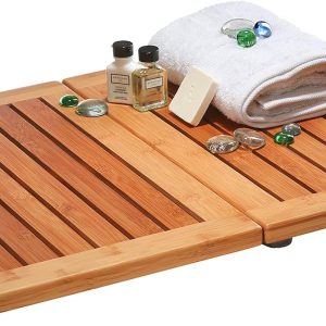 manufacturer direct bambüsi bamboo bath mat - foldable wood shower mat for easy storage, non-slip bathroom mat, versatile for indoor and outdoor use, ideal floor mat for spa, sauna, pool, 24" x 18" trade price