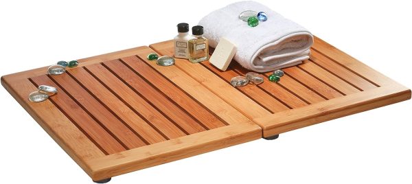 manufacturer direct bambüsi bamboo bath mat - foldable wood shower mat for easy storage, non-slip bathroom mat, versatile for indoor and outdoor use, ideal floor mat for spa, sauna, pool, 24" x 18" trade price