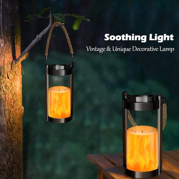 custom wholesale vintage lantern glass retro lantern led flickering flameless candle battery powered camping lamp hemp rope hanging lanterns non-solar light 2 pack oem/odm services