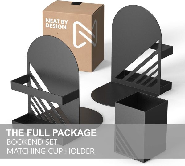supplier direct iron arch modern and decorative bookends for heavy books, 200% stronger & heavier than the average bookends, large bookends with matching bonus storage cup (carbon black) wholesale prices