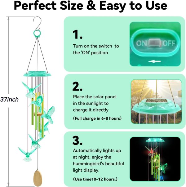 producer to buyer wind chimes,hummingbird solar wind chimes for outside,green gradation aluminum tubes deep tone memorial wind bell for garden/patio mobiles decorative gifts for mom, wife, grandma neighbors(37" long) discounted pricing