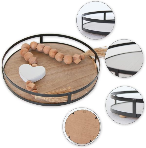 wholesale direct defined deco 12in decorative tray-round serving tray with metal handle-decorative trays for home decor,living room decor,coffee table decor,rustic wooden tray for kitchen table decor,dining table. bulk purchase at factory prices