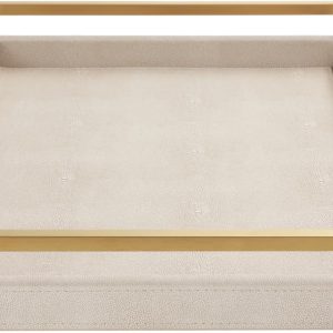 wholesale direct wv 17.8 * 11.8 “ ivory shagreen large serving tray, faux leather home decorative tray, coffee table ottoman tray with brushed gold stainless steel handle （ivory bulk purchase at factory prices