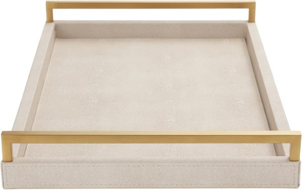 wholesale direct wv 17.8 * 11.8 “ ivory shagreen large serving tray, faux leather home decorative tray, coffee table ottoman tray with brushed gold stainless steel handle （ivory bulk purchase at factory prices