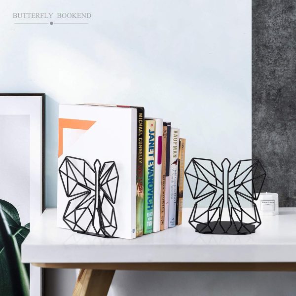 supplier direct alsonerbay bookends geometric decorative metal book stoppers abstract creative book supports, book holders for shelves, butterfly book ends for office 1 pair (black) wholesale prices