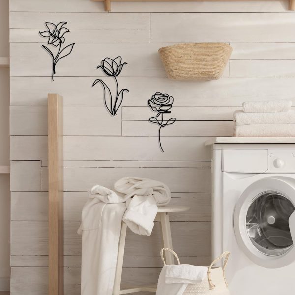 factory direct oubasa black metal flowers wall decor for bathroom, cute floral wall sculptures minimalist wall art for kitchen bedroom living room restroom decoration, 6x10 inches, set of 3 volume discount