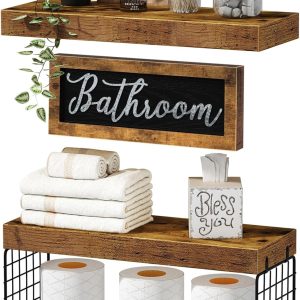 bulk purchase qeeig ‎bathroom shelves over toilet paper storage wall mounted farmhouse decor decorations aesthetic décor sign small floating wall shelf 2+1 set 16 inch, rustic brown (020bn) trade price