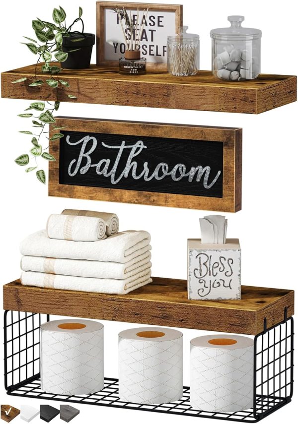 bulk purchase qeeig ‎bathroom shelves over toilet paper storage wall mounted farmhouse decor decorations aesthetic décor sign small floating wall shelf 2+1 set 16 inch, rustic brown (020bn) trade price