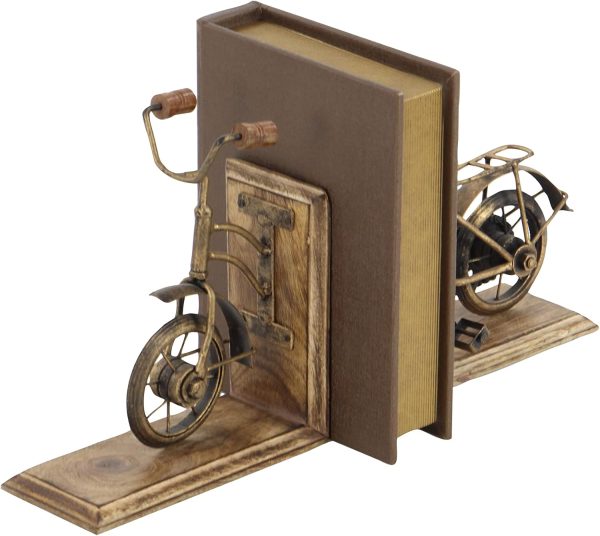 supplier direct deco 79 vintage wood bookends metal cycle pr h-26778, 7"w, 9"h, brass wholesale prices