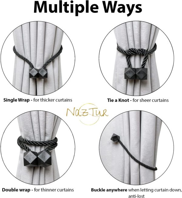 bulk purchase magnetic curtain tiebacks- upgrade 2022 with a thicker twist rope & strong magnet tieback window treatment holdbacks draperies holders decorative drape handmade tie back (black, 2) factory discount