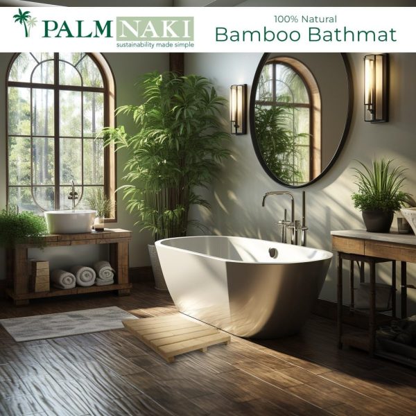 manufacturer direct palm naki bamboo bathmat - 100% natural wooden floor mat - non-slip, sustainable - modern asian design - perfect for bathroom & spa (21x14) trade price