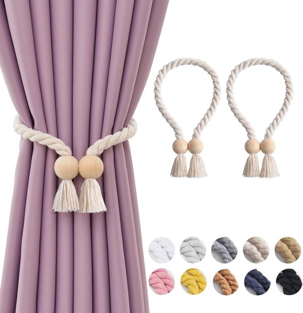 bulk purchase niceec 2 pack wooden ball magnetic curtain tiebacks boho home decor drape tie backs natural cotton hand woven rope curtain holdbacks for thin & thick home & office window draperies (beige) factory discount