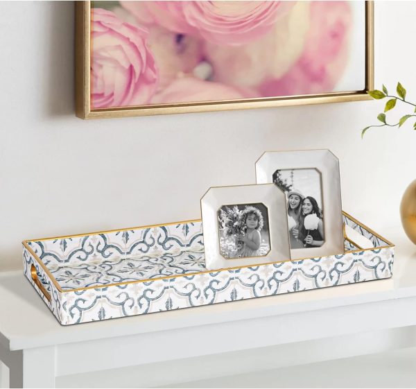 wholesale direct maoname white decorative tray, plastic vanity tray with handles, rectangular moroccan tray, long narrow tray for bathroom, toilet tank, 13.8" x 6" x 1.57" bulk purchase at factory prices