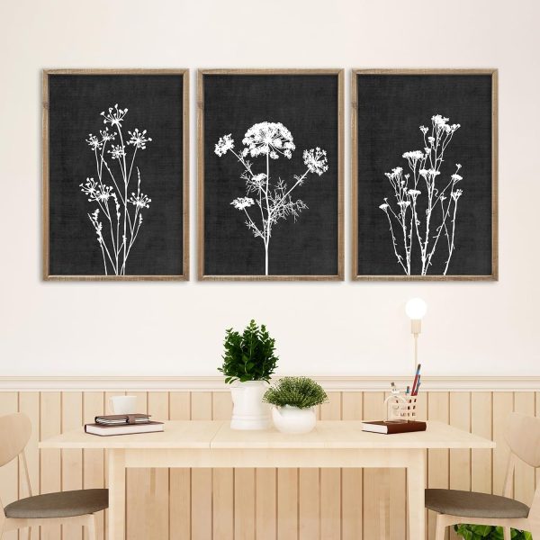 bulk purchase flower plant wall art decor 16"x11" set of 3 black and white botanical painting wood framed for minimalist bedroom office rustic living room abstract wildflower sign hanging (wood black) trade price