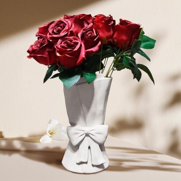 oem/odm services white ceramic vase unique cute bow decorative bouquet flower vases, 9.64in large modern dried flowers tulips branches vase for home living room table decor women girl gifts affordable bulk deals