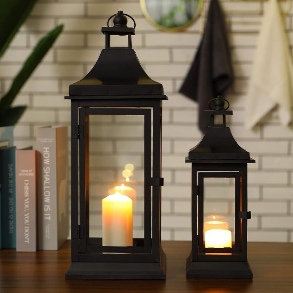 custom wholesale jhy design set of 2 13''&19.5''tall outdoor candle lanterns vintage hanging tower lantern metal candle holder for garden living room indoor outdoor parties weddings balcony(black) oem/odm services