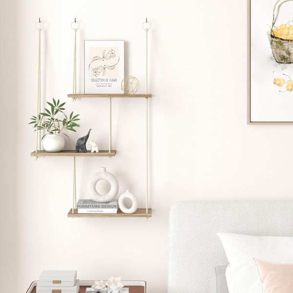 bulk purchase fixwal hanging shelves for wall, 3 tier boho wall decor plant rack floating shelves rope rustic wood organizer storage hanger for aesthetic home bedroom kitchen bathroom- rustic brown trade price