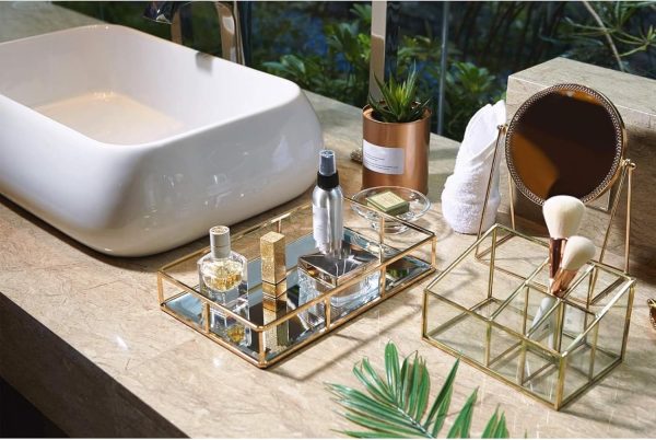 wholesale direct putwo tray mirror, gold dresser ornate tray metal decorative tray jewelry perfume organizer makeup tray for vanity, dresser, bathroom, bedroom bulk purchase at factory prices