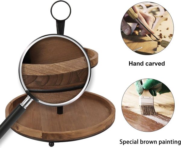 wholesale direct genmous & co. farmhouse tiered tray decor with distressed wood bead garland, decorative 2 tiered serving tray with metal handle for rustic home décor bulk purchase at factory prices