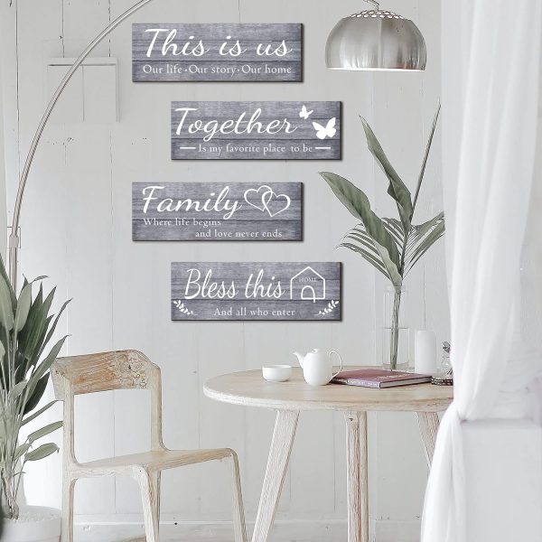 bulk purchase joyhawk 4 pieces wall decor signs, this is us, together, bless this home, family rustic wooden farmhouse wall art décor for living room bedroom kitchen, , 4.7 x 13.8 inch(grey) trade price