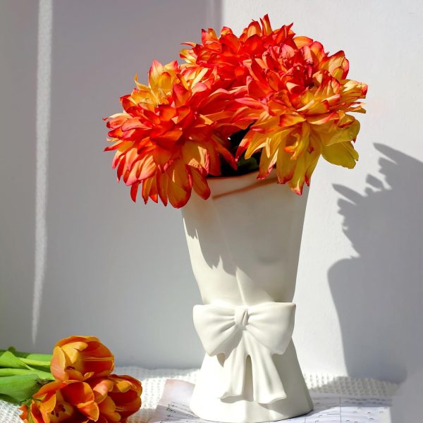 oem/odm services white ceramic vase unique cute bow decorative bouquet flower vases, 9.64in large modern dried flowers tulips branches vase for home living room table decor women girl gifts affordable bulk deals